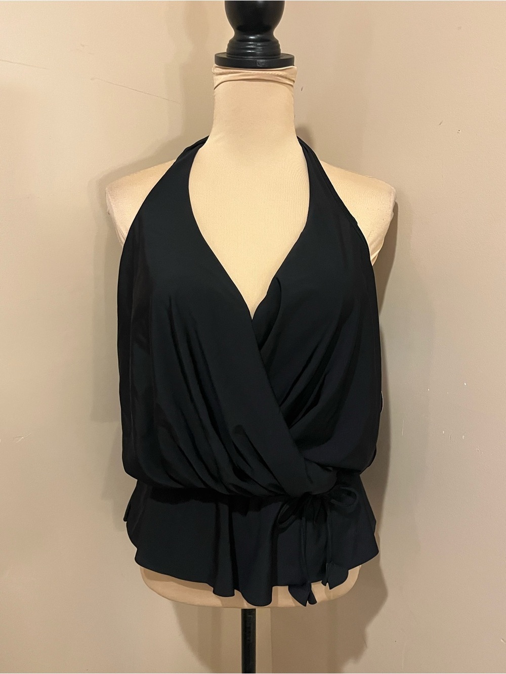 Swim Solutions Draped V Neck Peplum, Belted Black Tankini Top Bust Support, 12